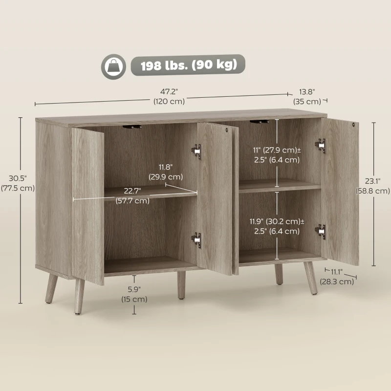 HOMCOM Buffet Cabinet with Storage, Modern Fluted Sideboard with Adjustable Shelves for Dining Room Living Room, Light Grey