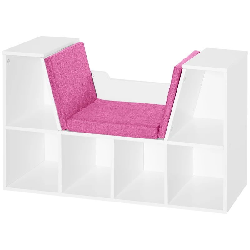 HOMCOM 6-Cubby Bookcase with Seat Cushion, Cube Storage Shelf with Reading Nook for Home Office, Study, Pink
