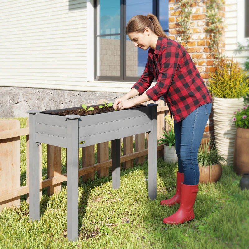 Outsunny 34"x18"x30" Wooden Raised Garden Bed, Elevated Planter Box with Legs, Drainage Holes, Inner Bag for Garden, Dark Grey