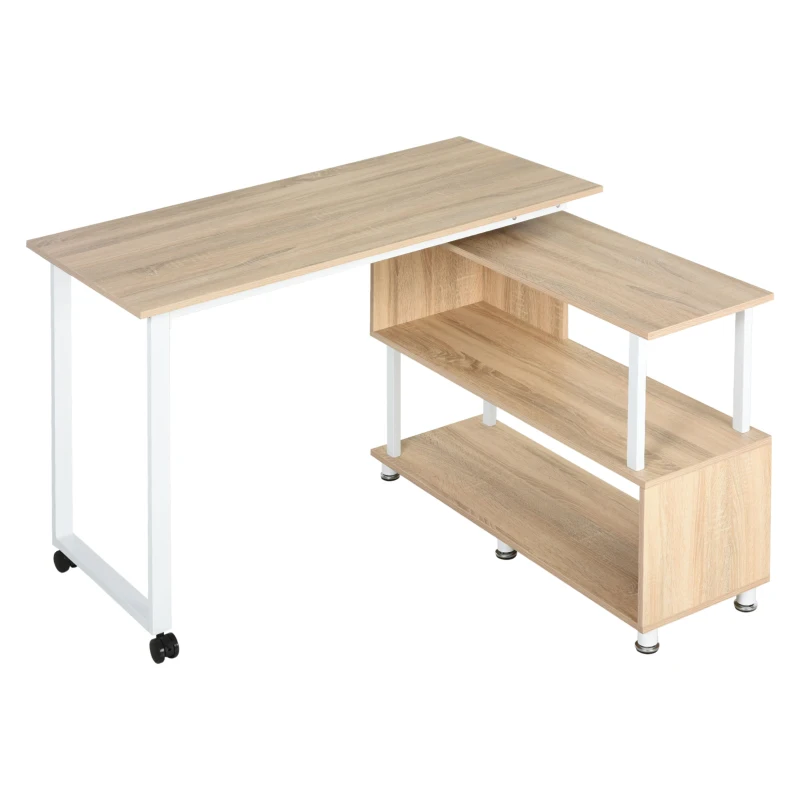 HOMCOM Mobile L-Shaped Rotating Computer Desk with Storage Shelves Moveable Rolling Writing Table Home Office Study Workstation for Home Office, Oak