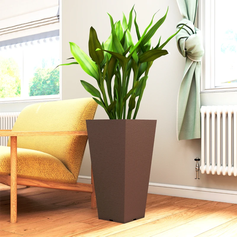 Outsunny 23 Inch Tall Planters for Outdoor Plants, Set of 2 Plastic Flower Pots, for Front Door Patio Garden Use, Brown