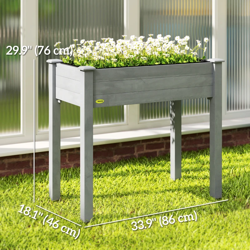 Outsunny 34"x18"x30" Wooden Raised Garden Bed, Elevated Planter Box with Legs, Drainage Holes, Inner Bag for Garden, Dark Grey