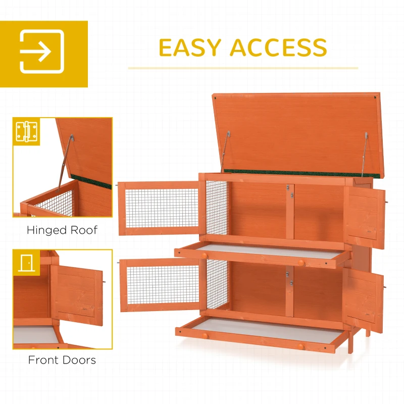 PawHut 2-Tier Wooden Rabbit Hutch Small Animal House Bunny Pet Cage with 2 Main Rooms, Sliding Tray, Opening Top, Yellow