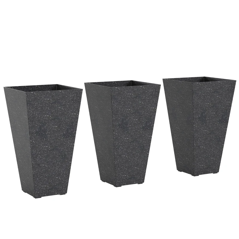 Outsunny 28" Tall Planters, Set of 3 Plastic Flower Pots with Marble Finish and Drainage Holes, Stackable Taper Planters, Black