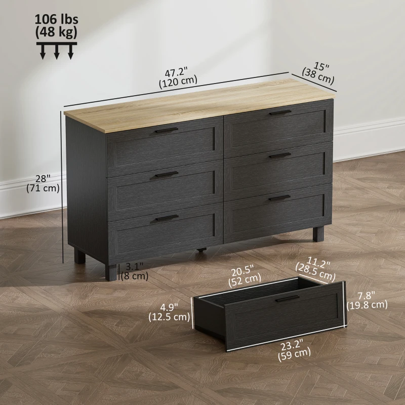 HOMCOM 47" Wide Chest of Drawers, Modern Dresser with 6 Drawers and Wood Legs for Bedroom, Living Room, Entryway, Black