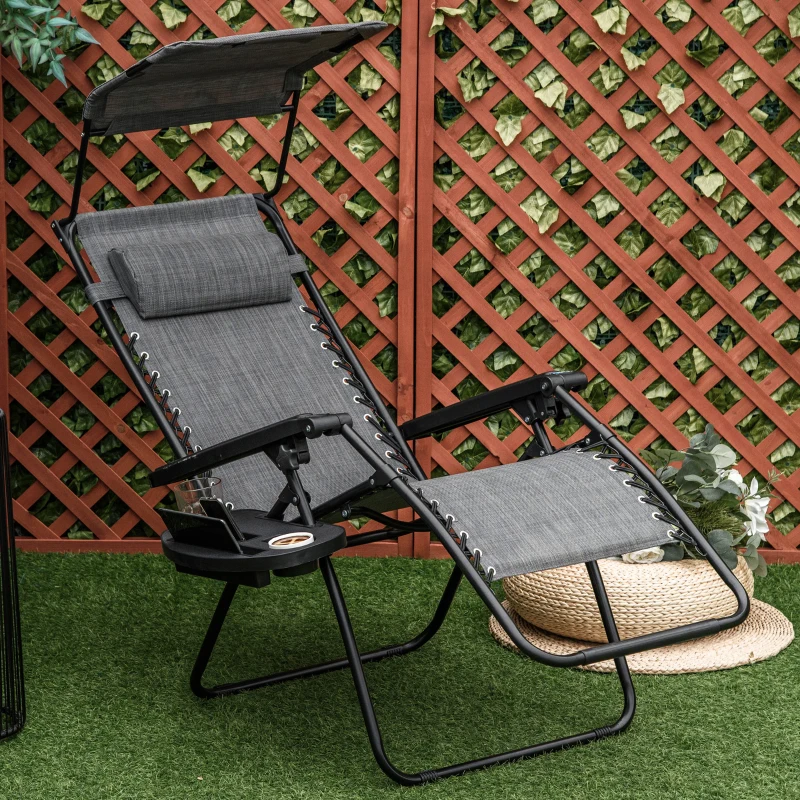 Outsunny Outdoor Zero Gravity Reclining Lounger Chair with Canopy Shade, Side Tray, Cupholder, Light Grey