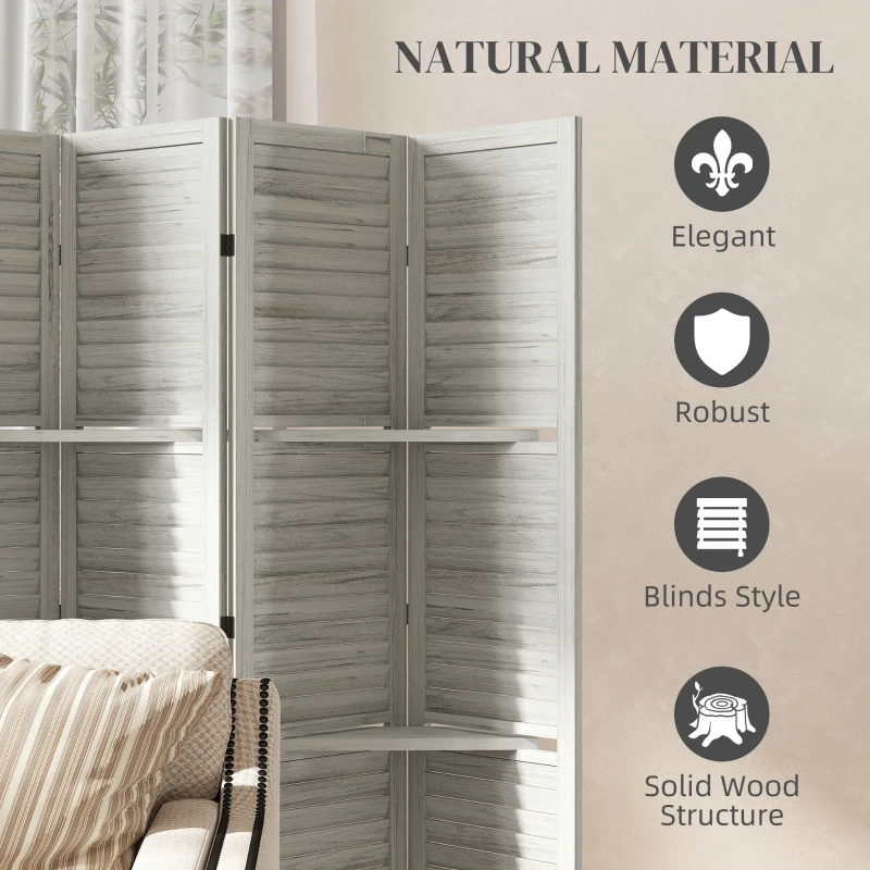 HOMCOM 6 Panel 67" Tall Wood Privacy Screen Room Divider with 3 Shelves and Folding Storage for Bedroom, White