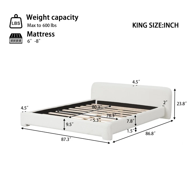 King-Size Boucle Upholstered Bed with 3 Support Legs, Minimalist Bed Frame with Birch Wood Construction, 87.5'' L x 87'' W x 24'' H, White