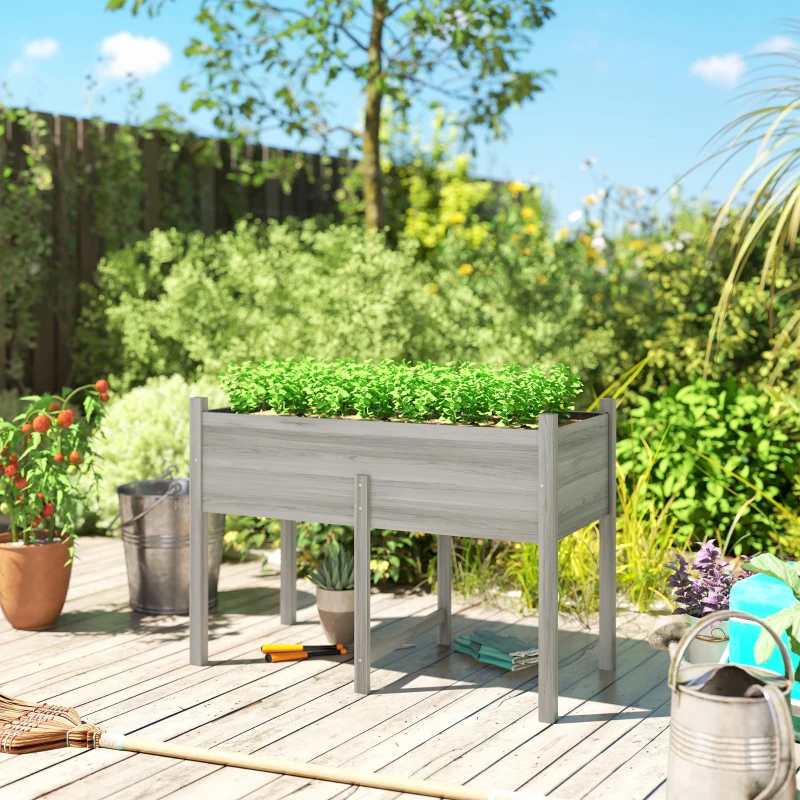 Outsunny Wooden Raised Planter Box with Drain Holes for Vegetables, Flowers, Outdoor Garden Bed, 45.3x21.7x31.5inch, Grey