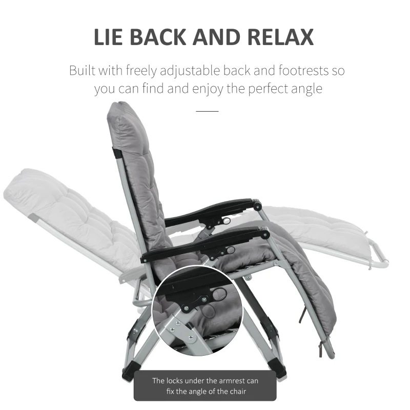 Outsunny Folding Garden Chairs Set of 2, Reclining Zero Gravity Chair, Sun Lounger with Cushion and Headrest, Dark Grey