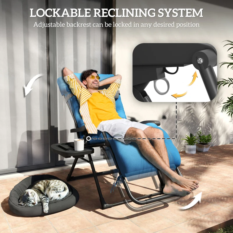 Outsunny Padded Folding Recliner Chair, Patio Lounger with Cupholder, Adjustable Backrest, Removable Cushion, Navy Blue