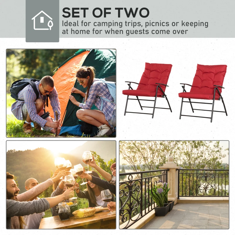 Outsunny Set of 2 Outdoor Folding Chairs with Adjustable Backrest, Padded Camping Chairs for Outdoor Events, Red