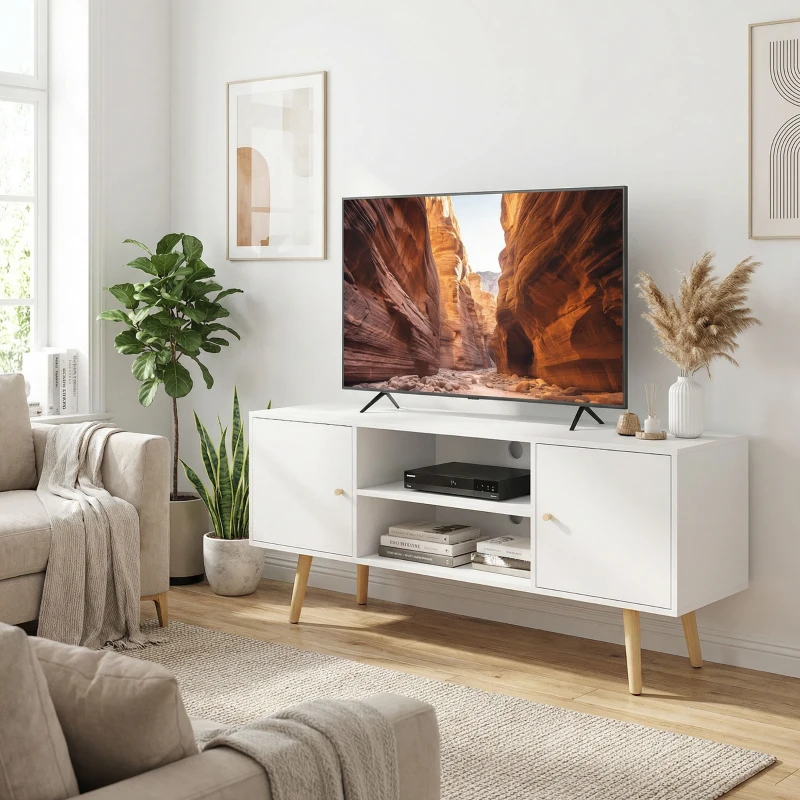 HOMCOM TV Stand Cabinet for TVs up to 55 Inches, Entertainment Unit with Storage Shelves and Wood Legs for Living Room, White