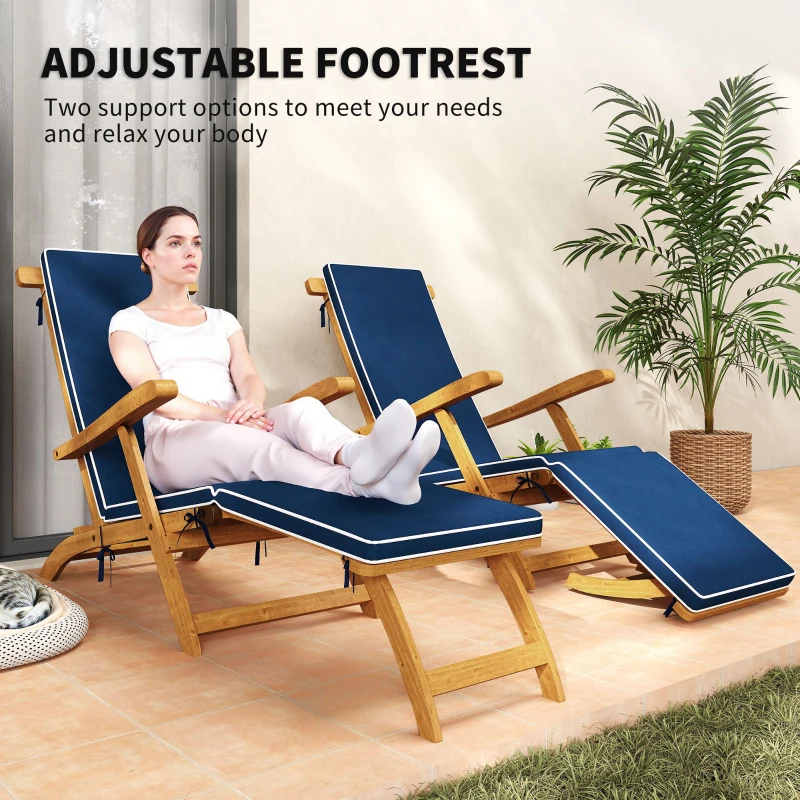 Outsunny Folding Patio Lounge Chair with Padded Cushion, Acacia Wood Patio Lounger Recliner with Footrest for Garden, Navy Blue