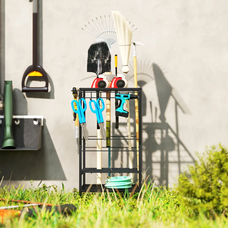 Outsunny 3-Tier Yard Tool Tower Rack, Garden Tool Organizer with 14 Hooks for Long-Handled Rakes, Shovel, Broom, Black