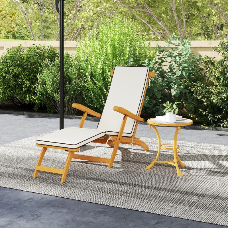 Outsunny Folding Patio Lounge Chair with Padded Cushion, Acacia Wood Patio Lounger Recliner with Footrest for Garden, White