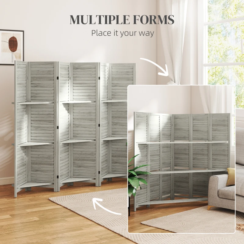 HOMCOM 6 Panel 67" Tall Wood Privacy Screen Room Divider with 3 Shelves and Folding Storage for Bedroom, White