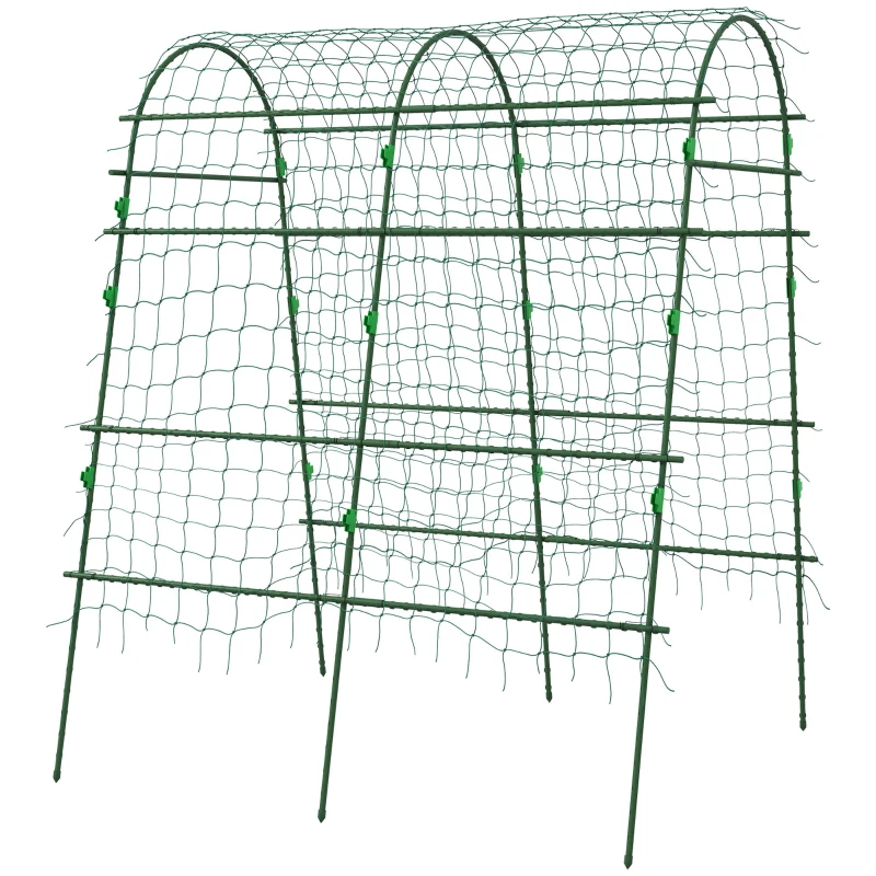 Outsunny Arched Garden Trellis w/ Climbing Net Metal Cucumber Plant Trellis A-Frame for Climbing Plants 57" x 66" x 81"