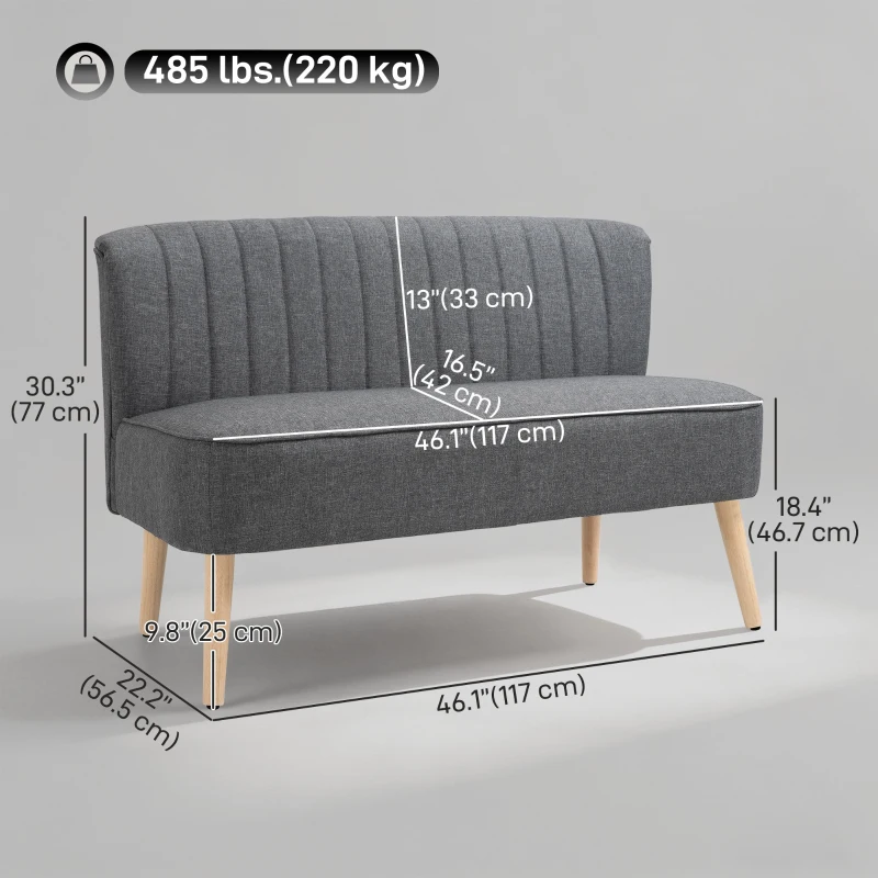 HOMCOM Modern 2 Seat Sofa for Bedroom, Upholstered Two Seater Couch with Rubber Wood Legs, Light Grey