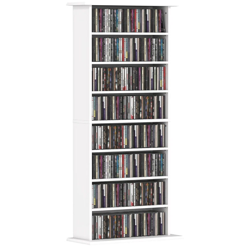 HOMCOM 8-Tier DVD Shelf with 6 Adjustable Shelves, Slim CD Shelf, Holds 360 CDs, 185 DVDs or 185 Blu-rays, White