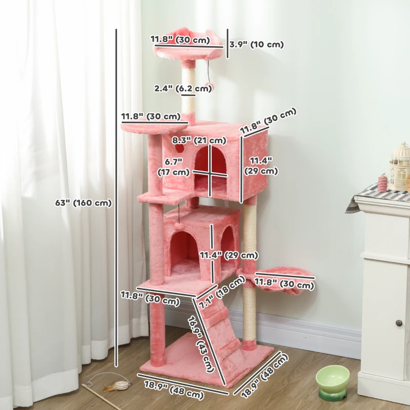 PawHut 63 Inch Cat Tree with Sisal Scratching Posts, Condos, Plush Perches, Hammock, Ladder, Dangling Balls, Pink