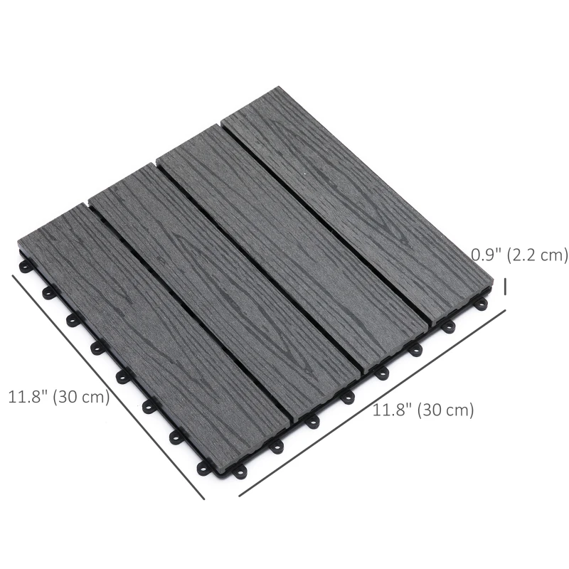 Outsunny WPC Interlocking Deck Tiles, 11 Pack 12" x 12" Outdoor Tiles, Tools Free Assembly, Waterproof and Non-slip Patio Flooring, Grey