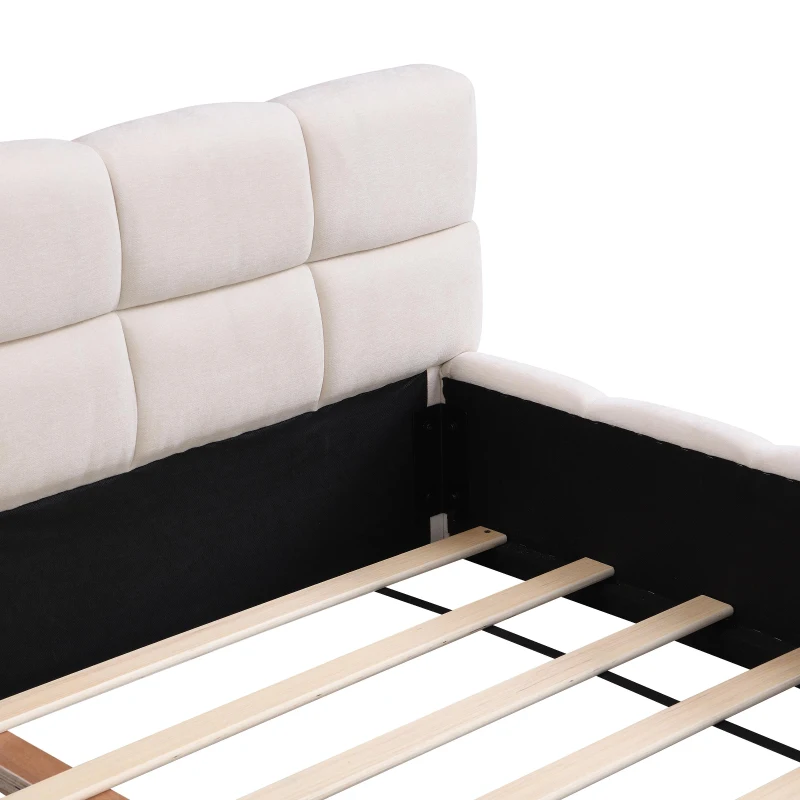 Queen-Size Chenille Upholstered Bed with Checkerboard Headboard, Durable Bed Frame for Homes and Families, 88'' L x 67.5'' W x 24'' H, Beige
