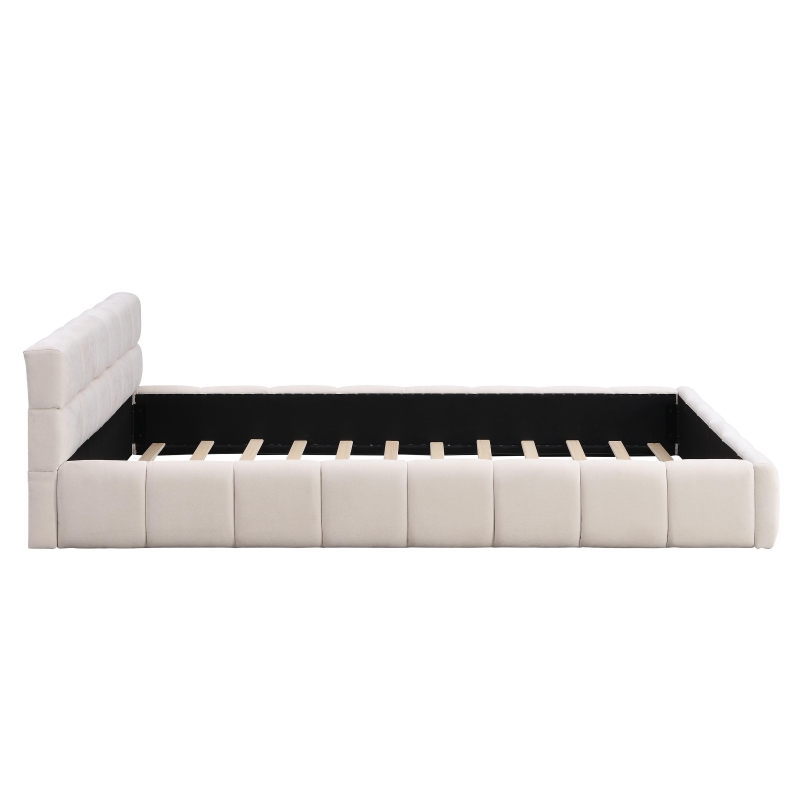 Queen-Size Chenille Upholstered Bed with Checkerboard Headboard, Durable Bed Frame for Homes and Families, 88'' L x 67.5'' W x 24'' H, Beige