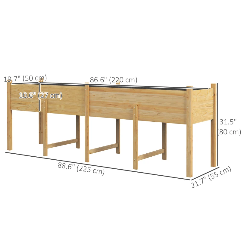 Outsunny Wooden Raised Garden Bed Planter, Large Elevated Planter Box with Legs, Bed Liner and Drain Holes, 7.4' x 1.8' x 2.6'