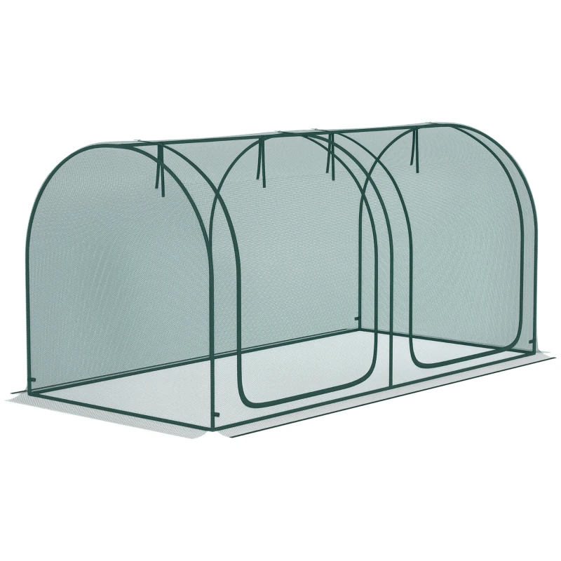 Outsunny 8' x 3' Crop Cage, Garden Plant Protector, with 3 Zippered Doors and 6 Ground Stakes, for Garden, Yard, Lawn Dark Green