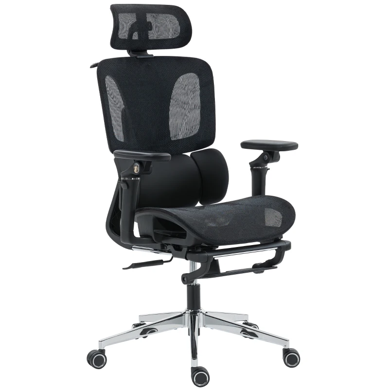 HOMCOM Ergonomic Office Chair, Mesh Computer Chair with High Back, Lumbar Support, 6D Armrests, Headrest, Footrest, Black