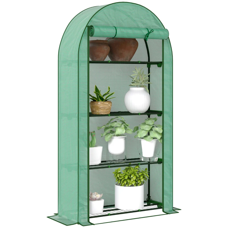 Outsunny Mini Greenhouse, Portable Greenhouse with 4 Tier Shelves, Roll-Up Door, and Plastic Cover, 41.3" x 17.7" x 63", Green