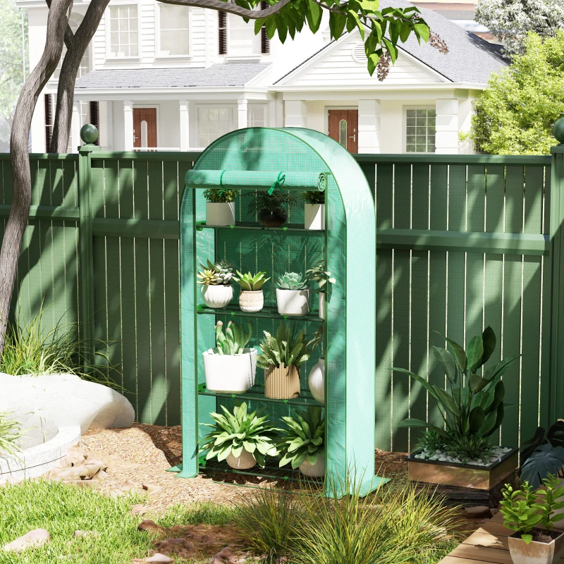 Outsunny Mini Greenhouse, Portable Greenhouse with 4 Tier Shelves, Roll-Up Door, and Plastic Cover, 41.3" x 17.7" x 63", Green