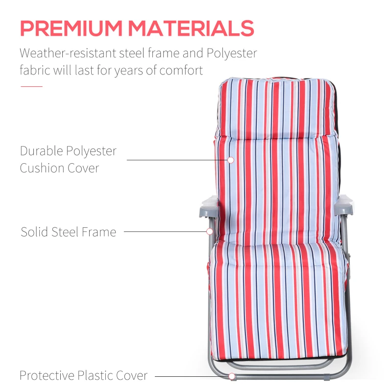 Outsunny Set of 2 Garden Sun Lounger, Outdoor Reclining Seat Cushioned Seat, Foldable Adjustable Recliner, Grey and Red