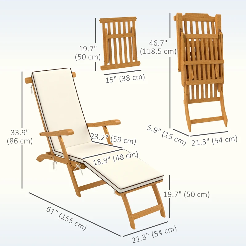 Outsunny Folding Patio Lounge Chair with Padded Cushion, Acacia Wood Patio Lounger Recliner with Footrest for Garden, White