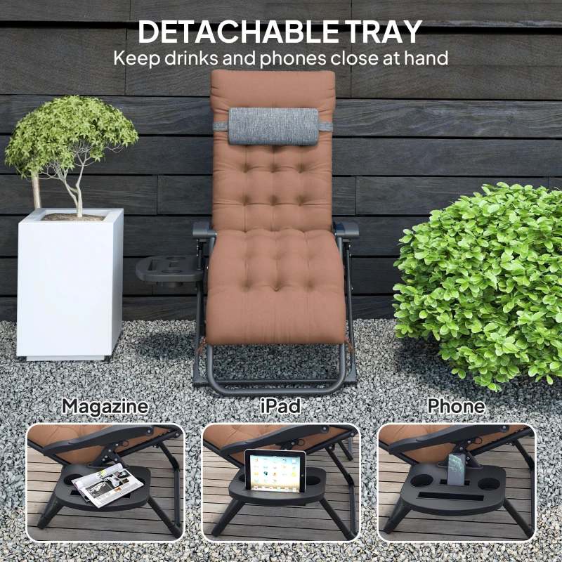 Outsunny Padded Folding Recliner Chair, Patio Lounger with Cupholder, Adjustable Backrest, Removable Cushion, Khaki