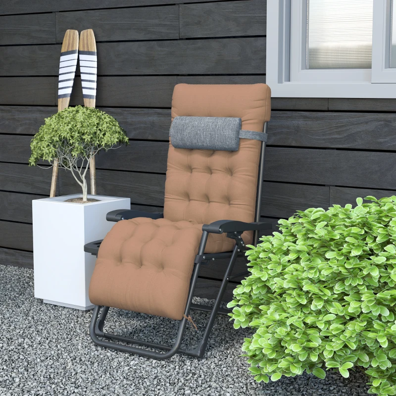 Outsunny Padded Folding Recliner Chair, Patio Lounger with Cupholder, Adjustable Backrest, Removable Cushion, Khaki