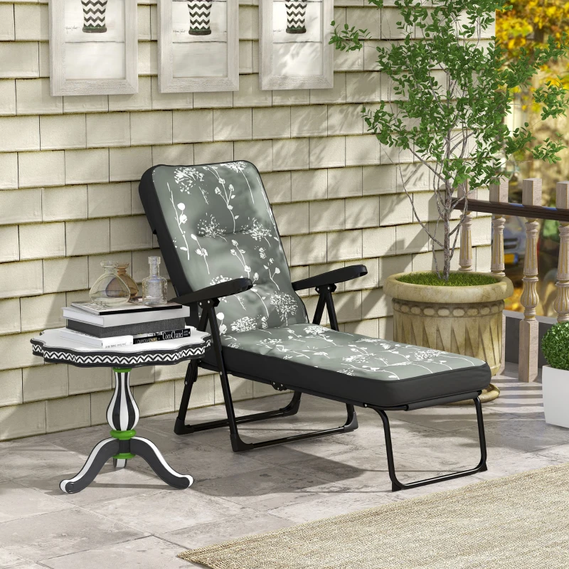 Outsunny Outdoor Lounge Chair with Padded Cushion, Folding Reclining Patio Garden Chair with Recline Back, Footrest, for Poolside, Patio, Grey