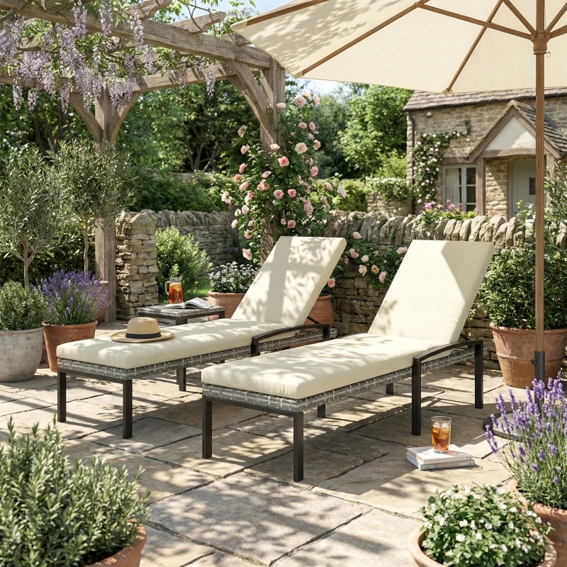 Outsunny Chaise Lounge Chairs Outdoor, Set of 2 Wicker Patio Lounge Chairs with 5-Level Adjustable Backrest, Cushion