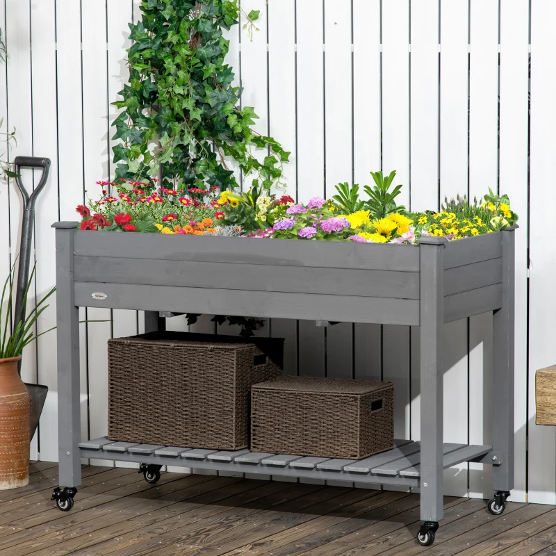 Outsunny Mobile Raised Garden Bed Elevated Wood Planter Box with Lockable Wheels, Storage Shelf for Herbs Vegetables, Dark Grey