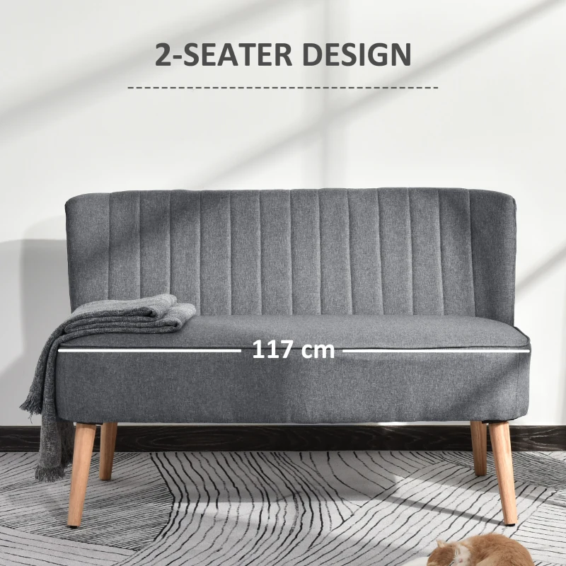 HOMCOM Modern 2 Seat Sofa for Bedroom, Upholstered Two Seater Couch with Rubber Wood Legs, Light Grey