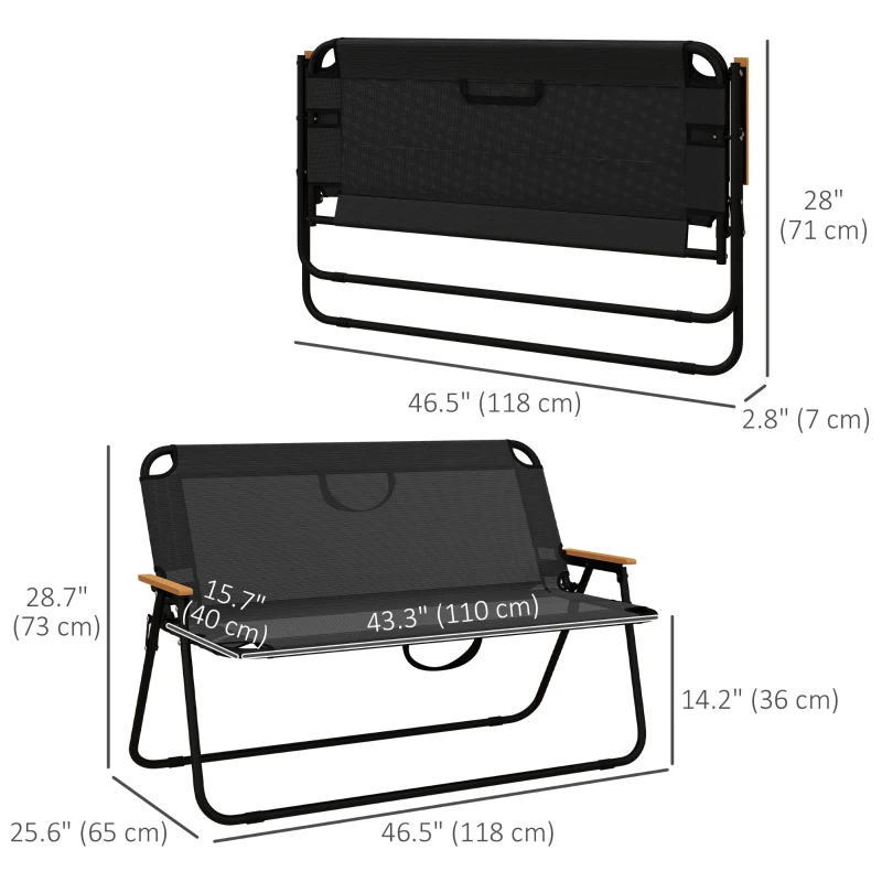 Outsunny 2-Seat Folding Patio Bench Camping Chair, Sports Chair with Armrest, Mesh Fabric Seat for Lawn, Black