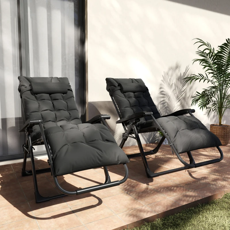 Outsunny Folding Garden Chairs Set of 2, Reclining Zero Gravity Chair, Sun Lounger with Cushion and Headrest, Black