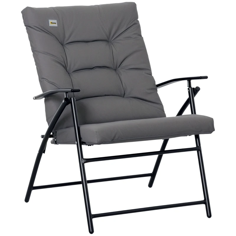 Outsunny Foldable Lounge Chair, Fabric Upholstered Recliner, Outdoor Lounger with Armrest, Metal Frame for Backyard, Grey