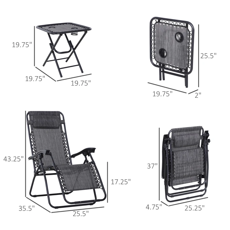 Outsunny Zero Gravity Chair Set of 2 Patio Chair with Side Table Cupholders and Pillows for Pool, Backyard, Lawn, Dark Grey