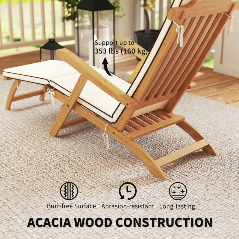 Outsunny Folding Patio Lounge Chair with Padded Cushion, Acacia Wood Patio Lounger Recliner with Footrest for Garden, White