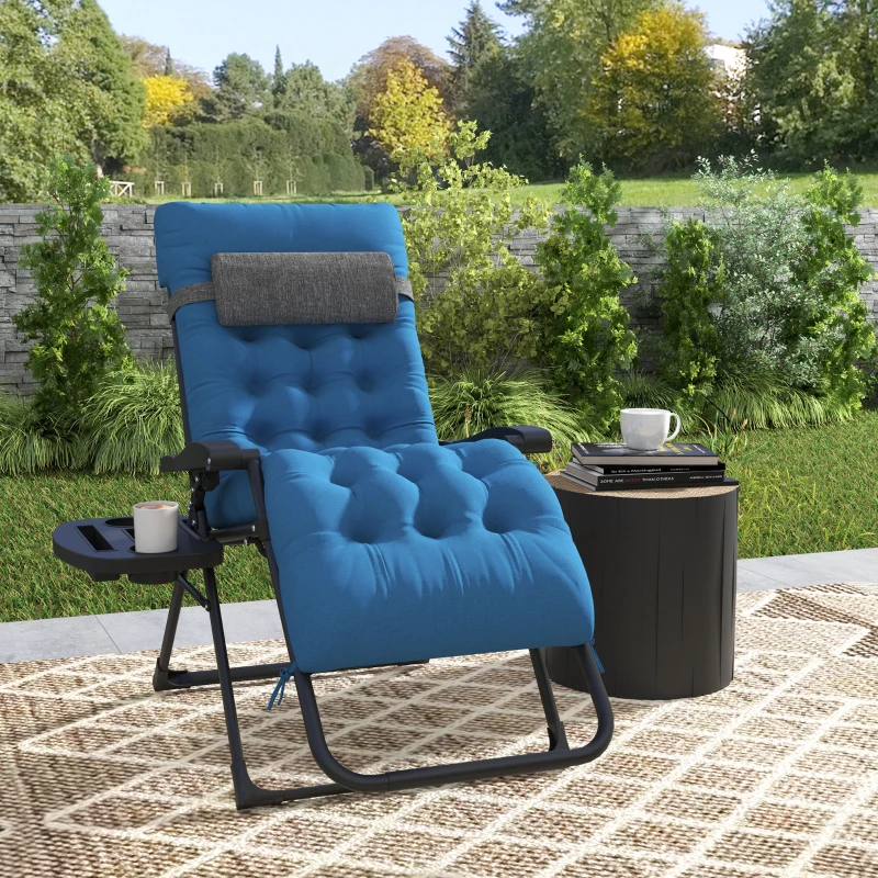 Outsunny Padded Folding Recliner Chair, Patio Lounger with Cupholder, Adjustable Backrest, Removable Cushion, Navy Blue