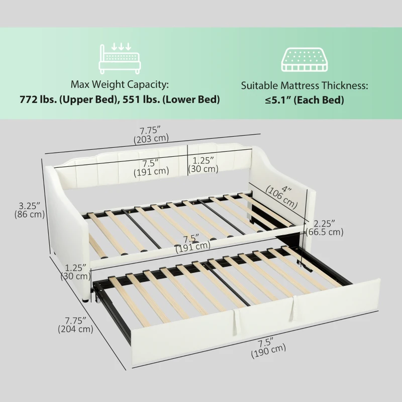 HOMCOM Upholstered Twin Trundle Bed, Extendable Twin to King Day Bed with Headboard and Armrests, Cream White
