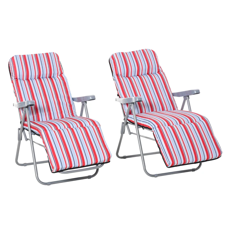 Outsunny Set of 2 Garden Sun Lounger, Outdoor Reclining Seat Cushioned Seat, Foldable Adjustable Recliner, Grey and Red