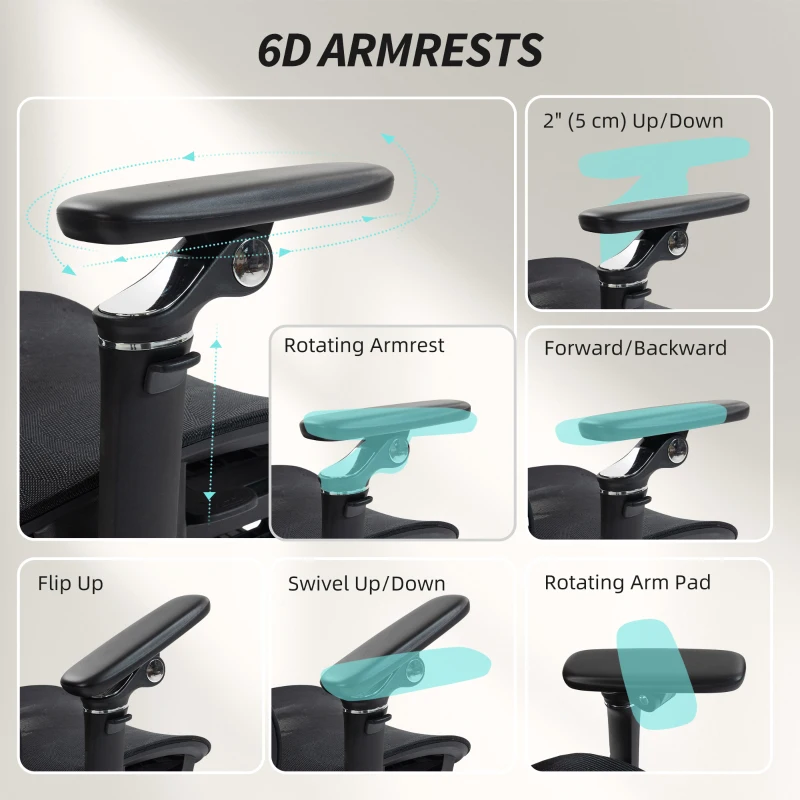 HOMCOM Ergonomic Office Chair, Mesh Computer Chair with High Back, Lumbar Support, 6D Armrests, Headrest, Footrest, Black